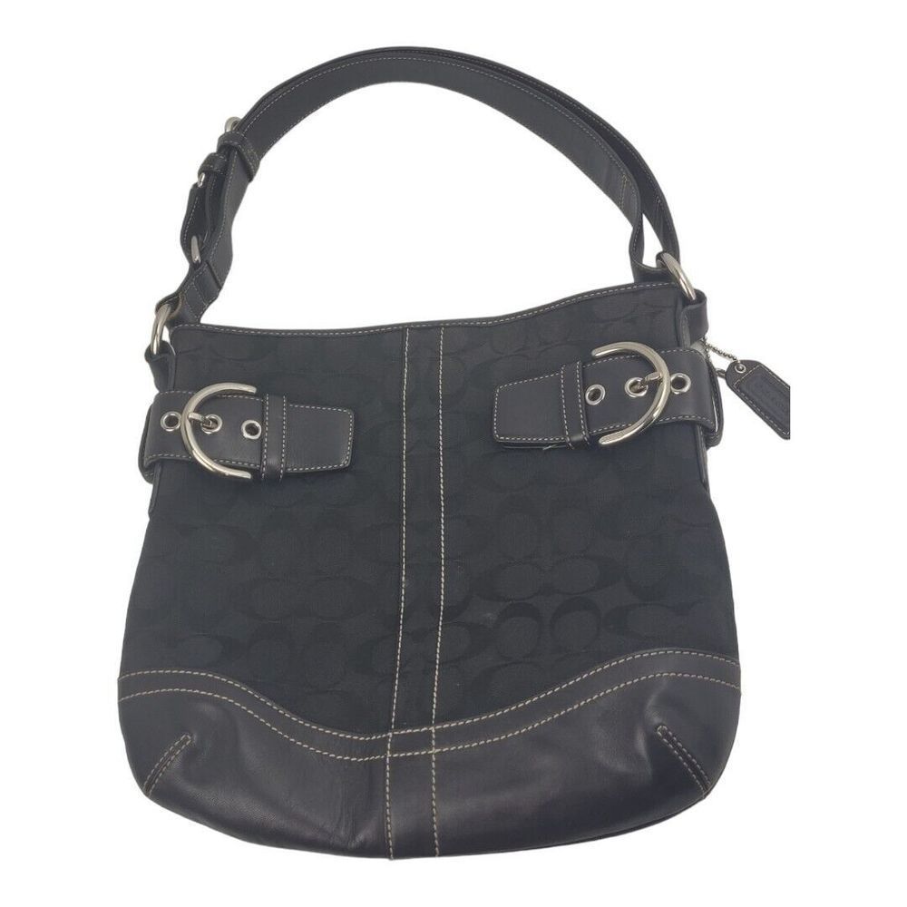 COACH Signature Jacquard Black Fabric w/ Leather Shoulder Bag